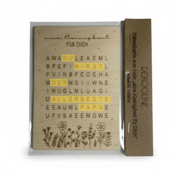 Rätselkarte aus Birkenholz mit Schriftzug „Herzensbotschaft für Dich“ zur Schwangerschaftsverkündung